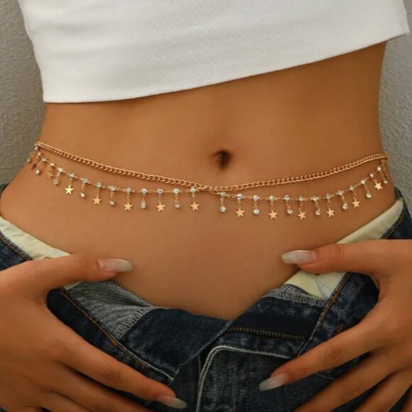 Gold Star Rhinestone Chain Waist Body Jewelry - Picture 1 of 7
